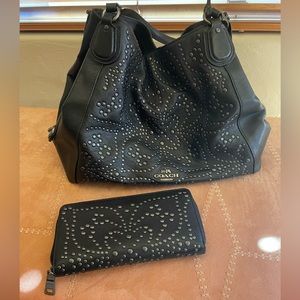 Coach black leather purse and matching wallet with nailhead rivet detailing